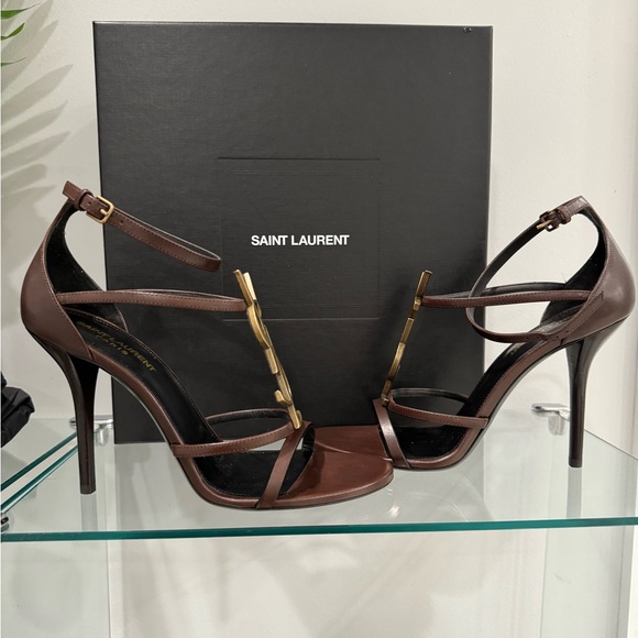 Yves Saint Laurent YSL Cassandra Brown Leather High Heel Sandals Sz 39.5 NEW - Picture 9 of 11